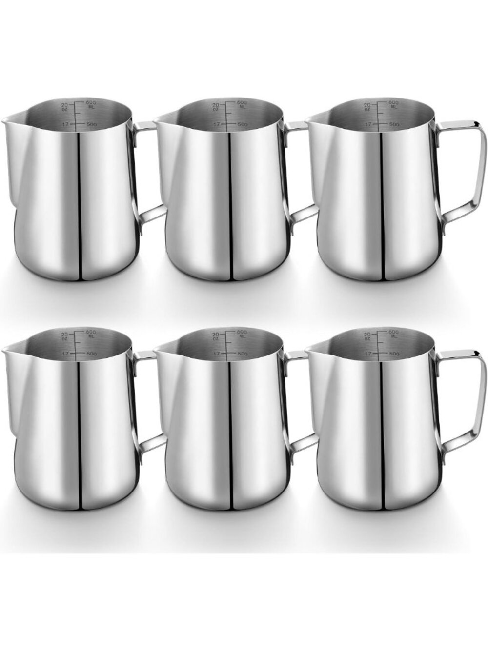 6 Pcs Stainless Steel Milk Frothing Pitchers - 20 oz Coffee Bar Tools, Silver